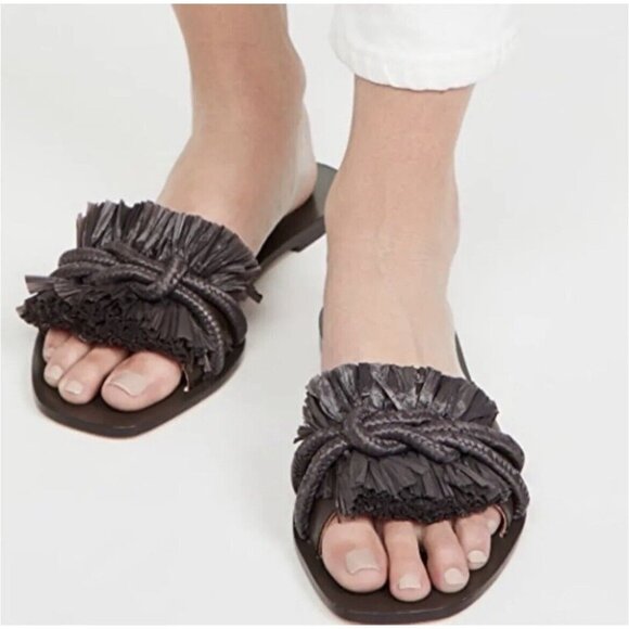 TORY BURCH Rope Flat Slide Sandal Raffia Fringe Fudge Brown Leather Size 5.5 - Picture 1 of 8